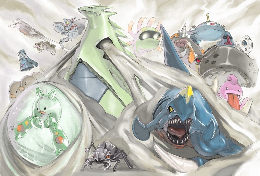 garchomp, reuniclus, tyranitar, dugtrio, aron, and 11 more (pokemon) drawn by kajichan