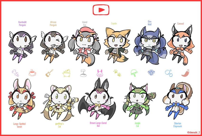 island fox, humboldt penguin, caracal, brown long-eared bat, coyote, and 6 more (kemono friends and 2 more) drawn by cherushi_2
