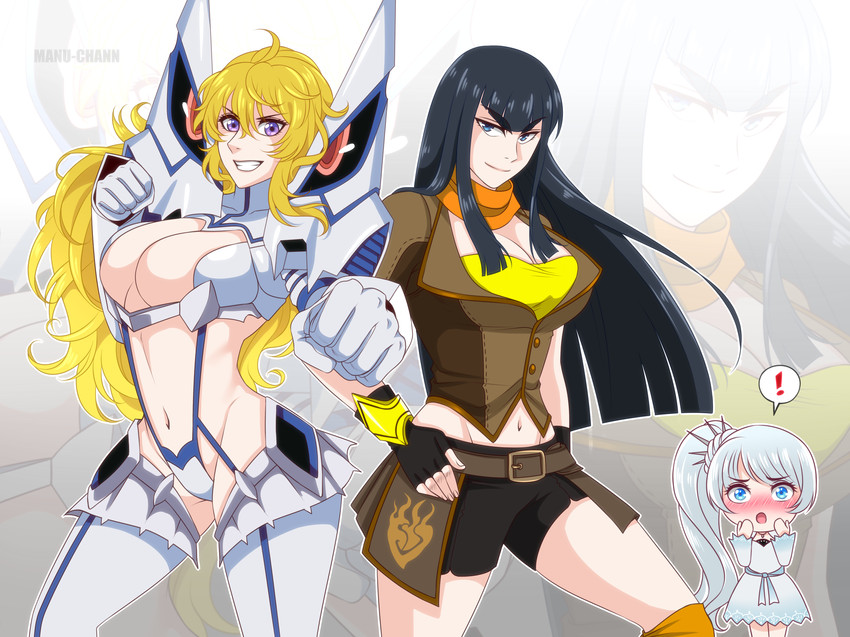 kiryuuin satsuki, weiss schnee, yang xiao long, and junketsu (kill la kill and 1 more) drawn by manu-chann