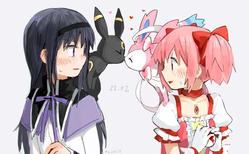 akemi homura, kaname madoka, sylveon, and umbreon (pokemon and 1 more) drawn by silverxp
