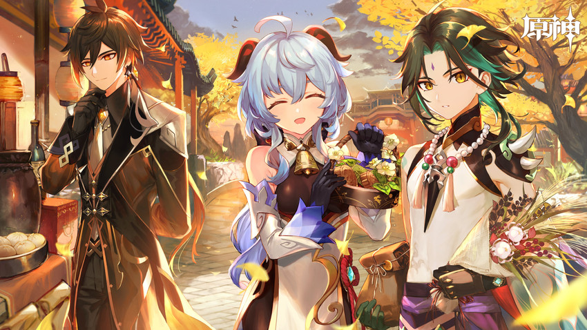 ganyu, zhongli, and xiao (genshin impact) drawn by hou_(ppo)