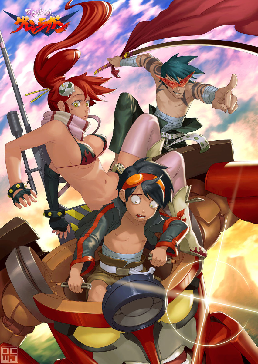 yoko littner, simon, kamina, and lagann (tengen toppa gurren lagann) drawn by dcwj
