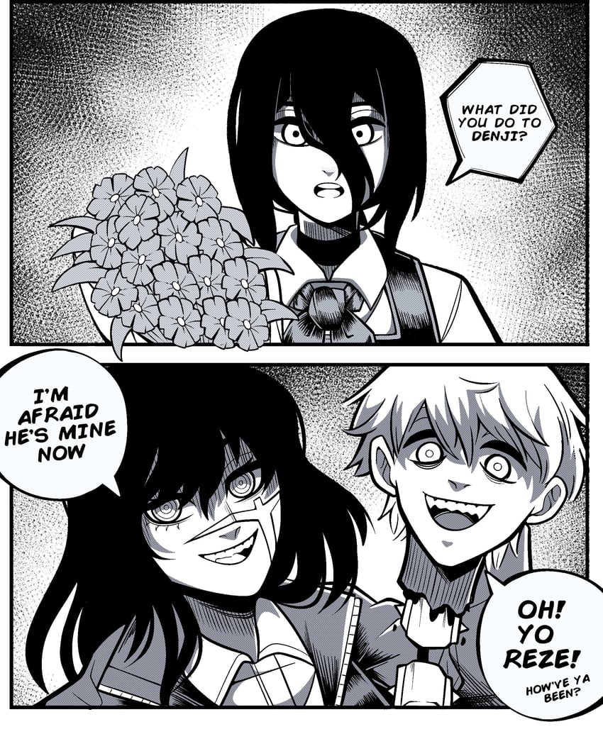 denji, reze, and yoru (chainsaw man) drawn by kermittend