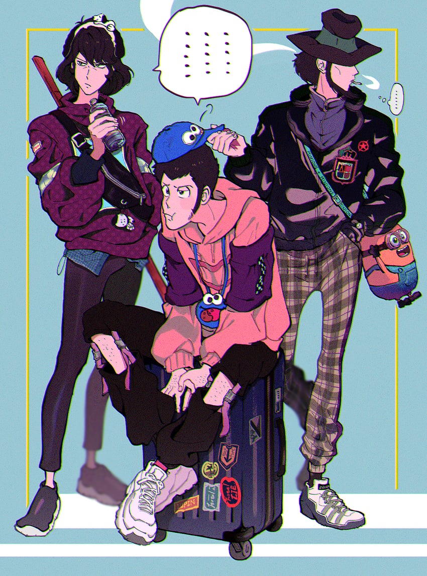 arsene lupin iii, jigen daisuke, ishikawa goemon xiii, snoopy, minion, and 1 more (lupin iii and 3 more) drawn by meppi