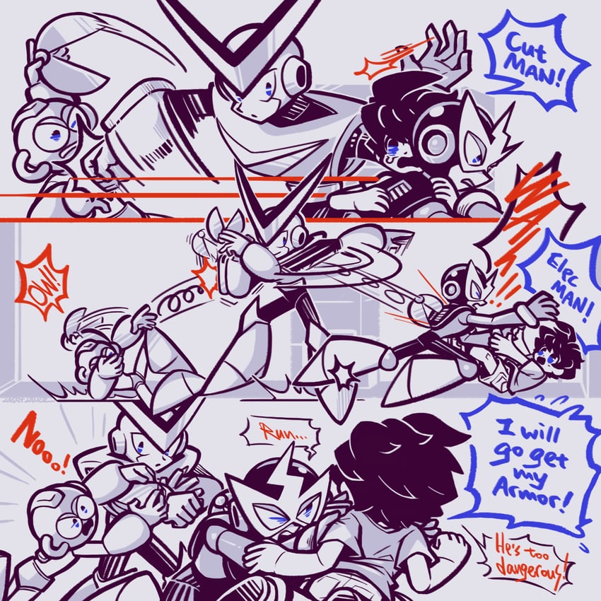 mega man, cut man, quick man, and elec man (mega man) drawn by laser-lance