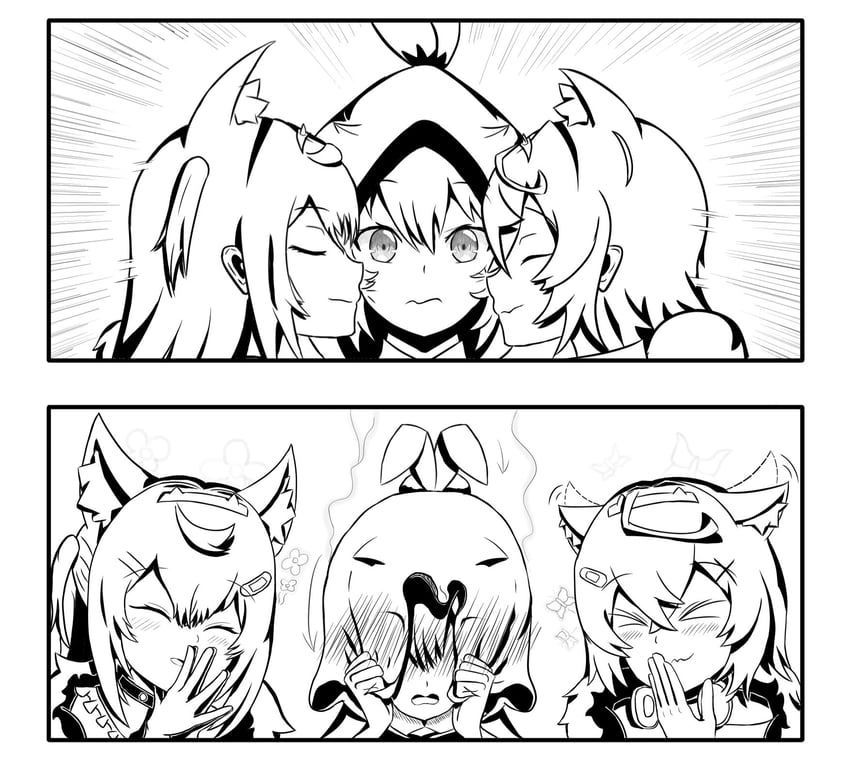 nanashi mumei, fuwawa abyssgard, and mococo abyssgard (hololive and 1 more) drawn by stillarches