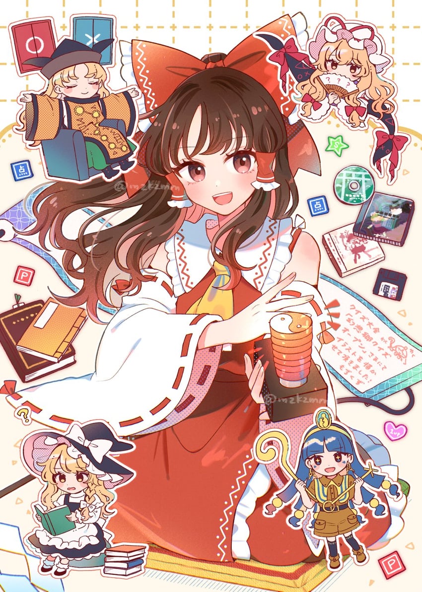 hakurei reimu, kirisame marisa, yakumo yukari, matara okina, and michigami nareko (touhou and 4 more) drawn by mozukuzu_(manukedori)