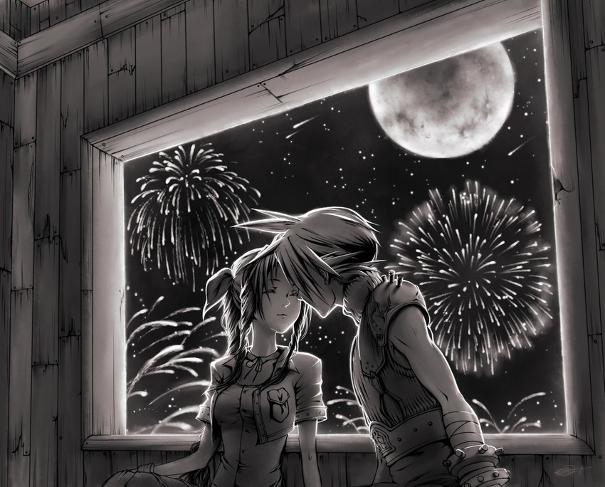 cloud strife and aerith gainsborough (final fantasy and 1 more) drawn by kieta