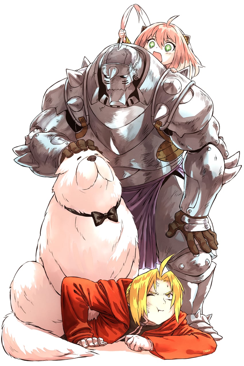 anya, edward elric, alphonse elric, and bond (spy x family and 1 more) drawn by haraya_manawari