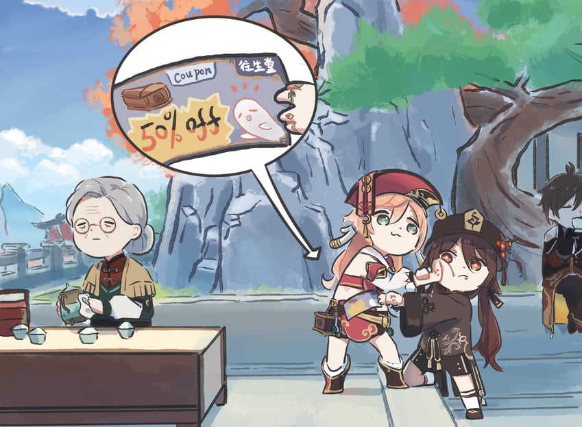 hu tao, zhongli, boo tao, yanfei, and madame ping (genshin impact) drawn by xinzoruo