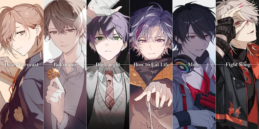kuzuha, kanae, kenmochi touya, fuwa minato, yumeoi kakeru, and 1 more (nijisanji) drawn by iv_4t