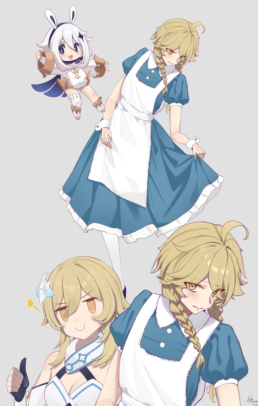 lumine, aether, paimon, and alice (genshin impact) drawn by jingzizaz