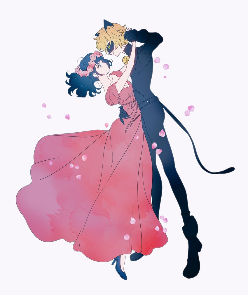 marinette dupain-cheng, adrien agreste, and chat noir (miraculous ladybug) drawn by ikutan0222