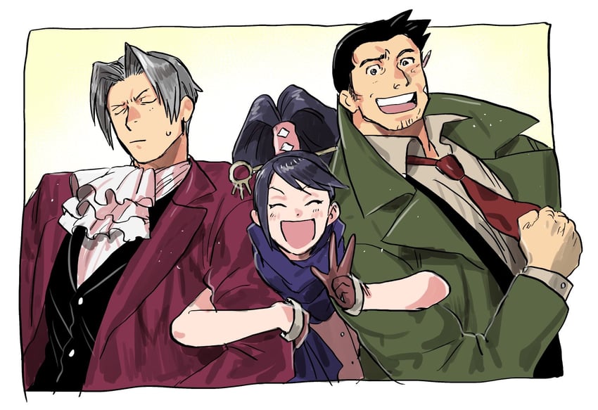 miles edgeworth, dick gumshoe, and kay faraday (ace attorney and 1 more) drawn by nitako