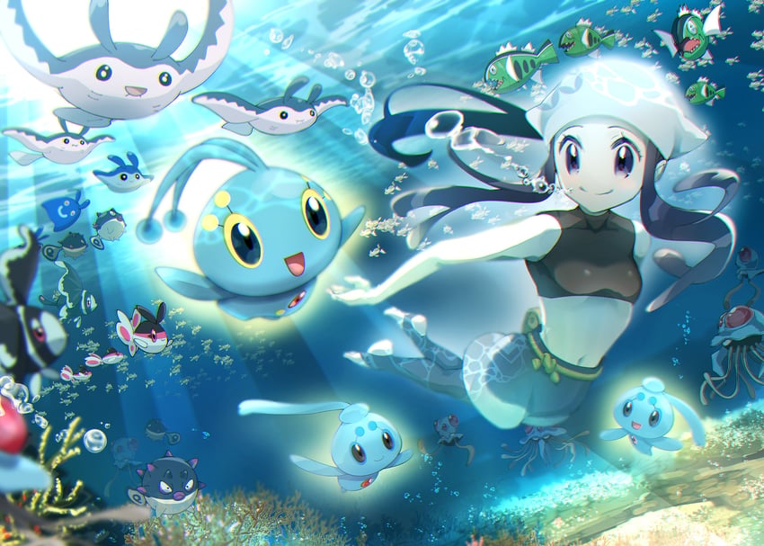 akari, manaphy, mantine, tentacruel, remoraid, and 7 more (pokemon and 1 more) drawn by mitsuha_(bless_blessing)