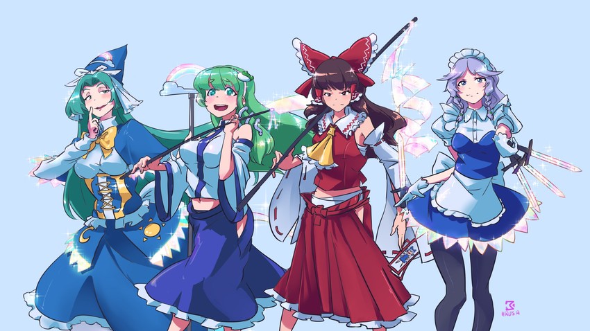 hakurei reimu, izayoi sakuya, kochiya sanae, cirno, and mima (touhou and 1 more) drawn by david_hrusa