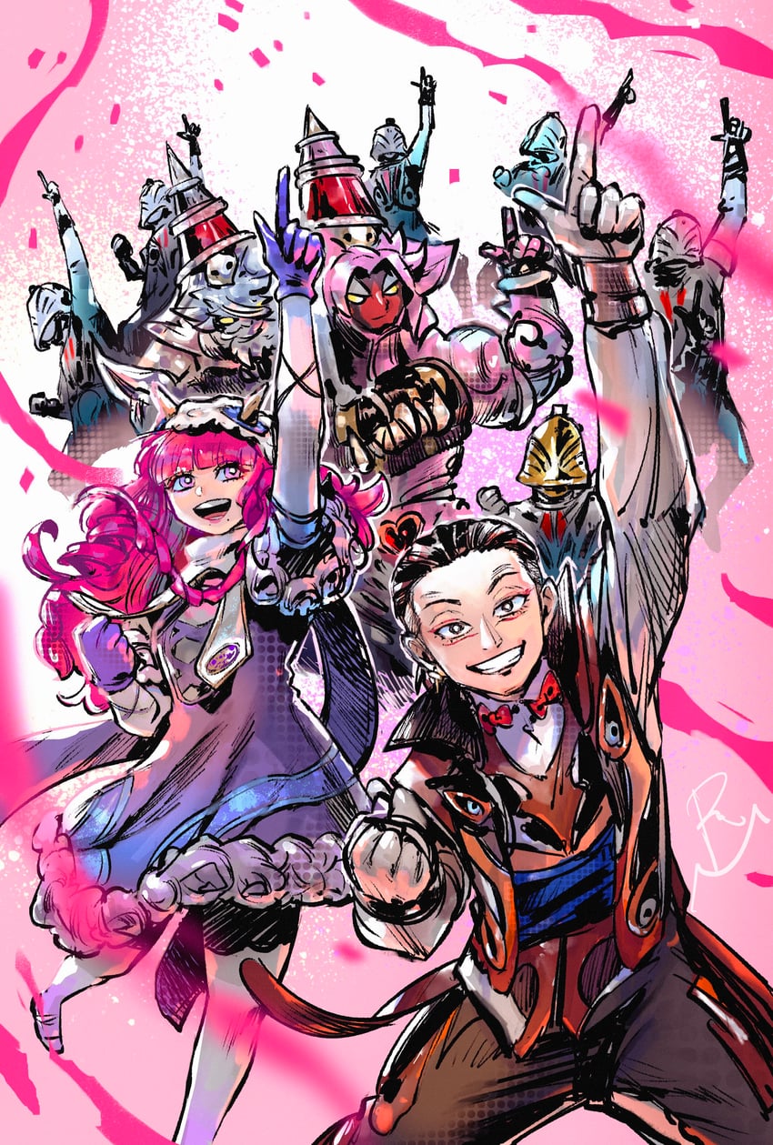 boquet, fire candle, mr. shining knife & mrs. sweet cake, combatant aryee, and cassios beia (super sentai and 1 more) drawn by murasaki_no_ryuuki