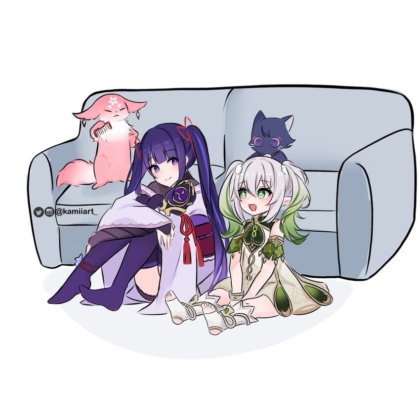 raiden shogun, yae miko, nahida, and scaramouche (genshin impact) drawn by kamiiart