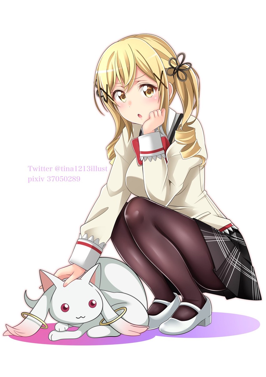 tomoe mami, kyubey, and ichigaya arisa (mahou shoujo madoka magica and 1 more) drawn by tina_(pixiv37050289)