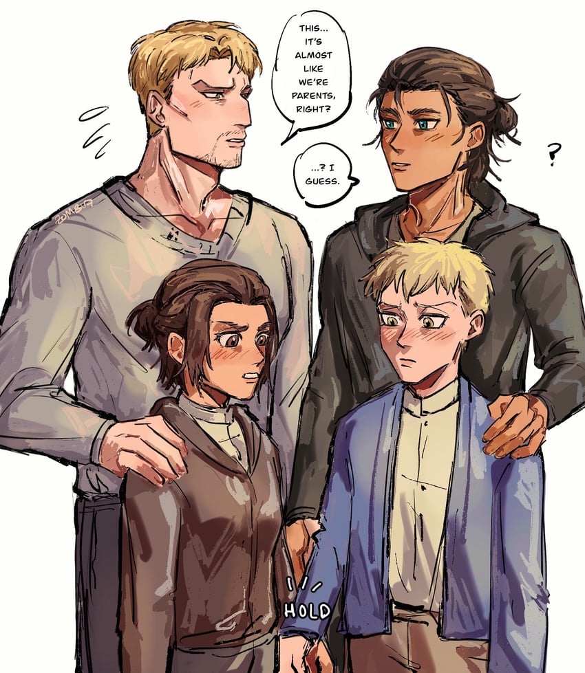 eren yeager, reiner braun, gabi braun, and falco grice (shingeki no kyojin) drawn by zombu7