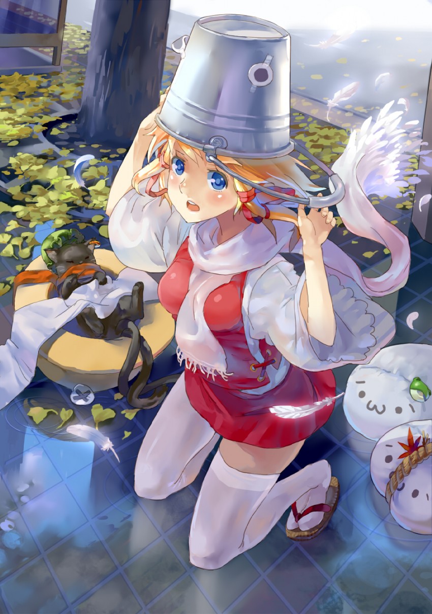 moriya suwako, chen, and pyonta (touhou) drawn by 77gl