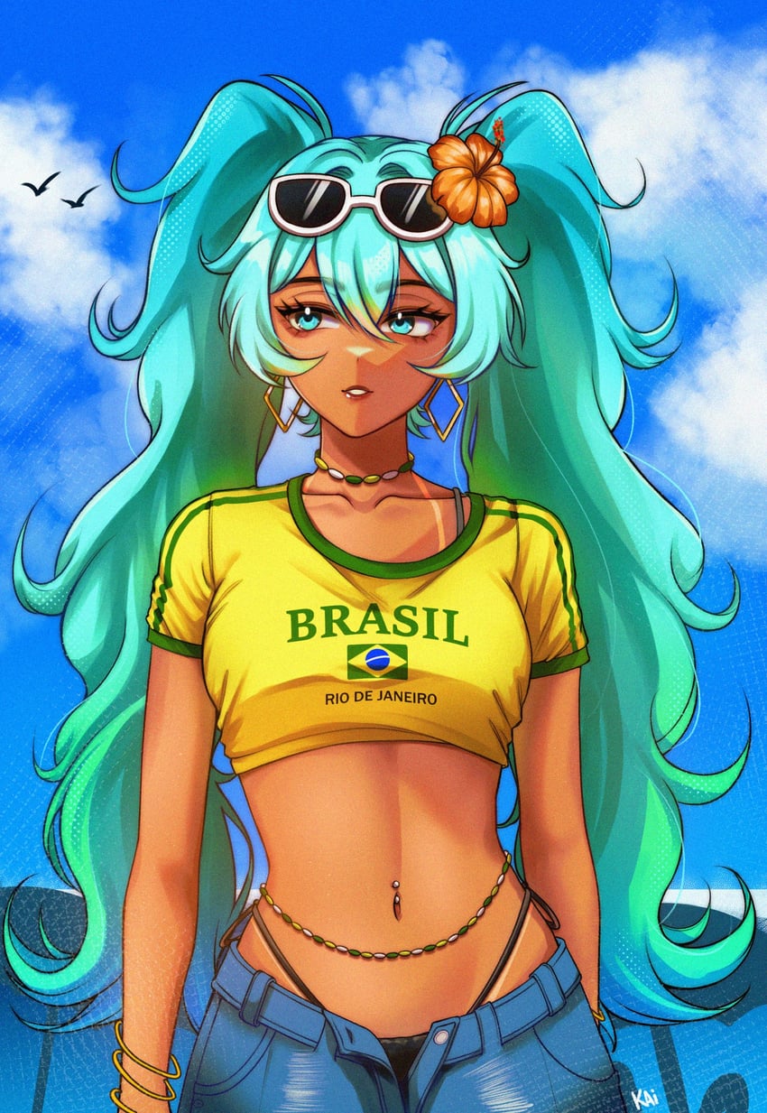 hatsune miku and brazilian miku (vocaloid) drawn by kai_nnnm