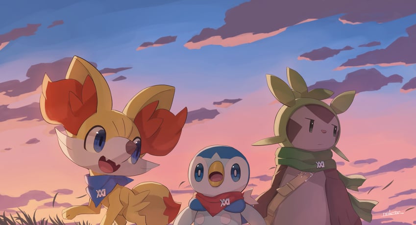 piplup, fennekin, and chespin (pokemon and 1 more) drawn by makoto_ikemu