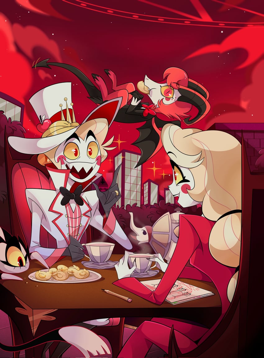 lucifer morningstar, charlie morningstar, keekee, and razzle (hazbin hotel) drawn by chandllucky