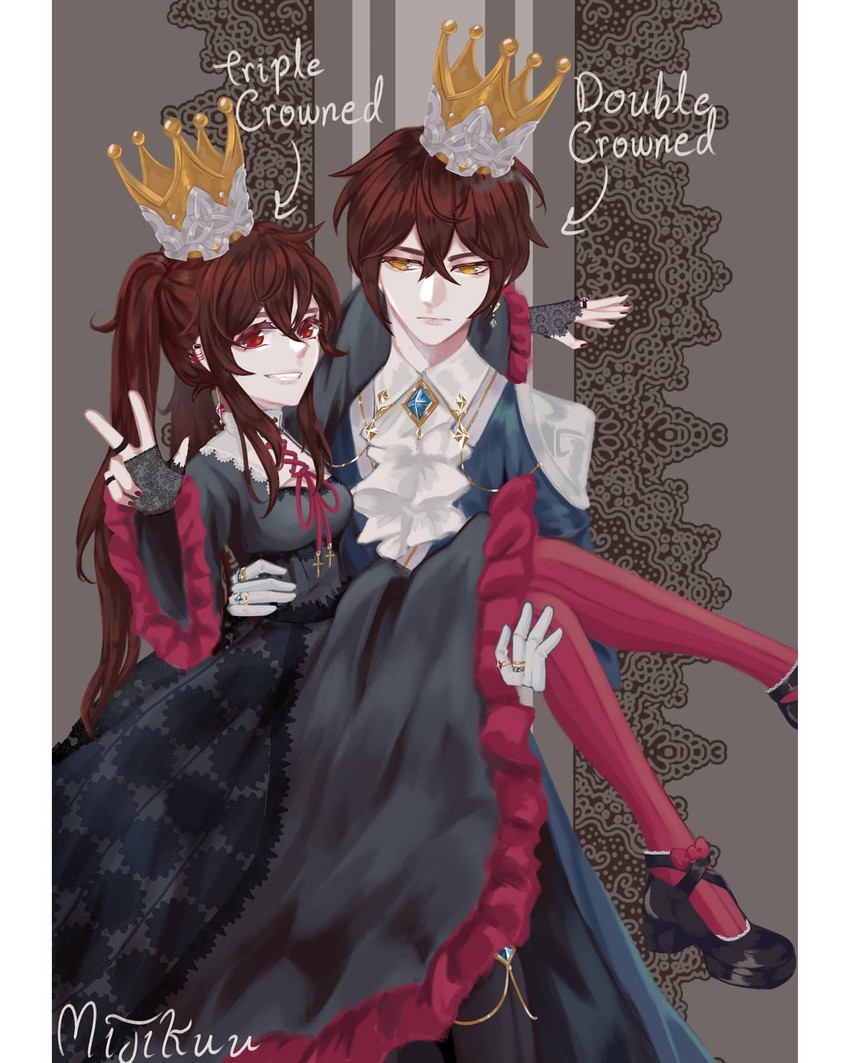 hu tao and zhongli (genshin impact) drawn by mijikuu