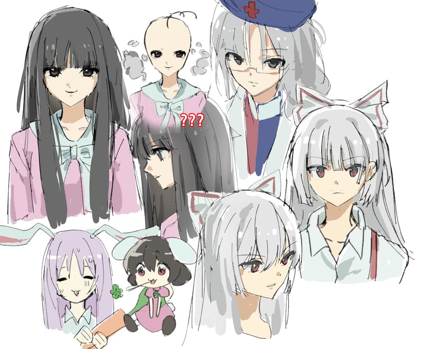 reisen udongein inaba, fujiwara no mokou, houraisan kaguya, inaba tewi, and yagokoro eirin (touhou) drawn by sesmkun