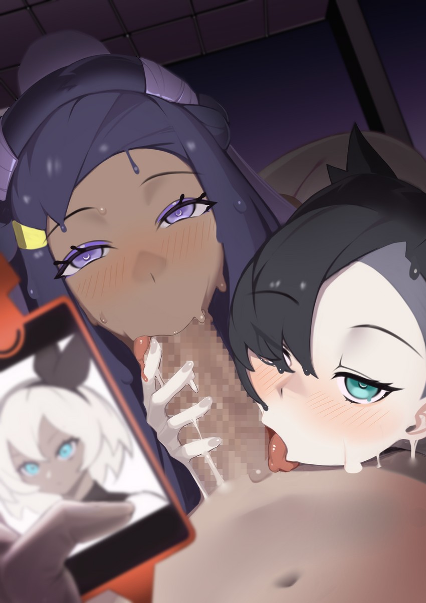 marnie, rotom, nessa, bea, and rotom phone (pokemon and 1 more) drawn by komadera