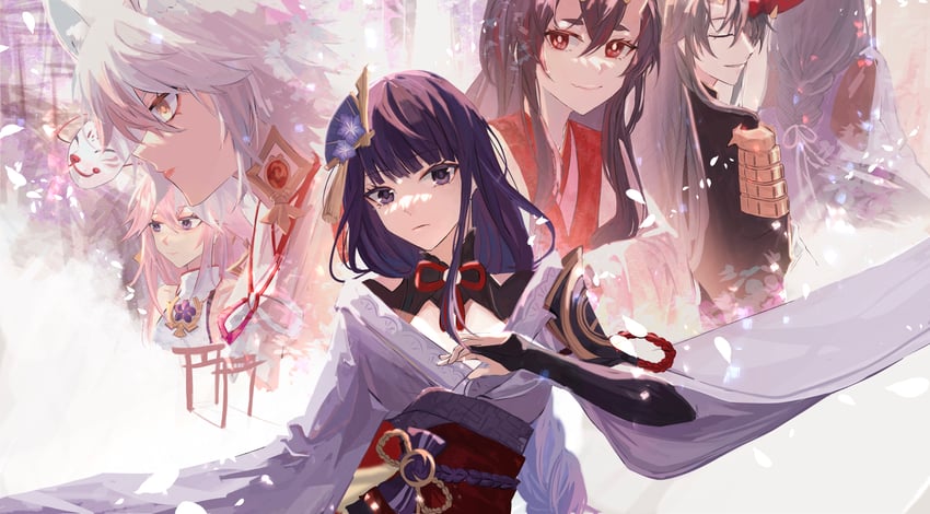 raiden shogun, yae miko, makoto, kitsune saiguu, chiyo, and 1 more (genshin impact) drawn by shore_(user_tnsj3237)