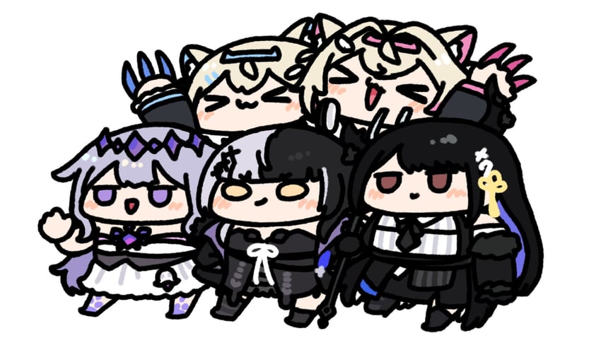 shiori novella, nerissa ravencroft, fuwawa abyssgard, mococo abyssgard, and koseki bijou (hololive and 1 more) drawn by fuwafuwa_35