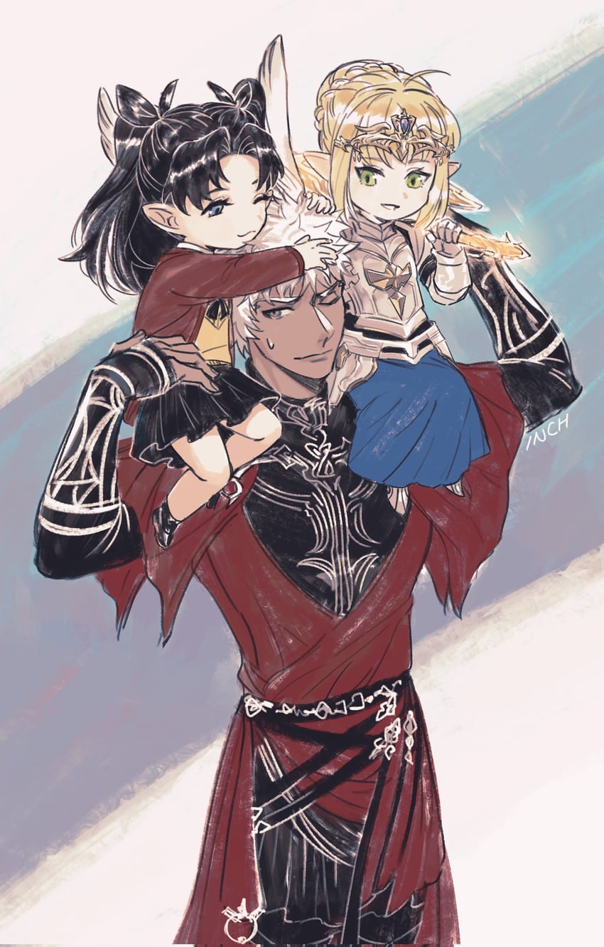 artoria pendragon, warrior of light, saber, tohsaka rin, and archer (fate and 3 more) drawn by inch2814