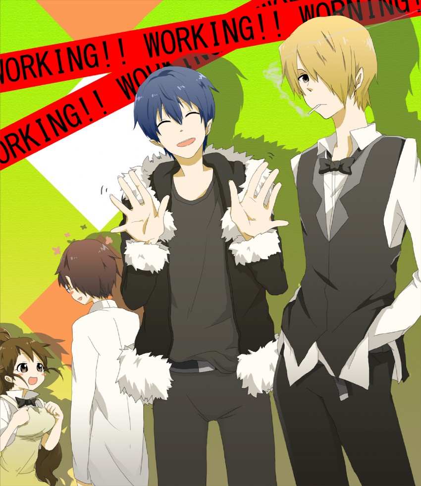 taneshima popura, orihara izaya, heiwajima shizuo, satou jun, takanashi souta, and 5 more (working!! and 1 more) drawn by juugonichi_(wheeliex2)