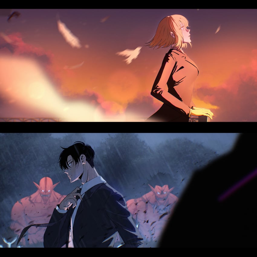 sung jin-woo and cha hae-in (solo leveling) drawn by richyuki