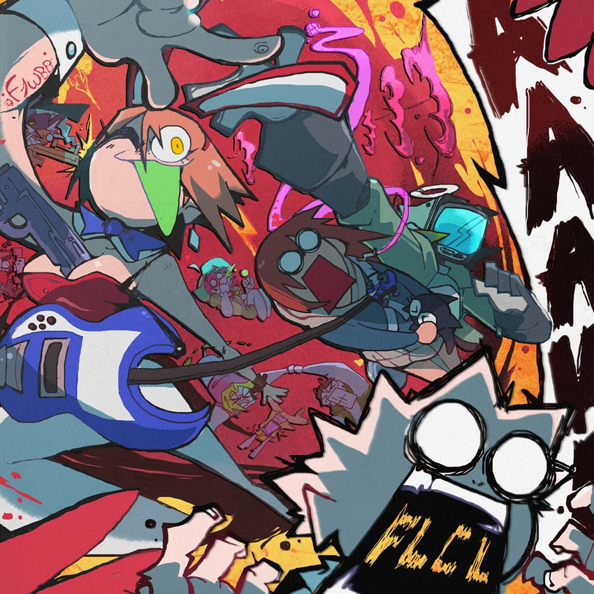 haruhara haruko, samejima mamimi, nandaba naota, canti, kitsurubami, and 1 more (flcl and 1 more) drawn by f1wbb