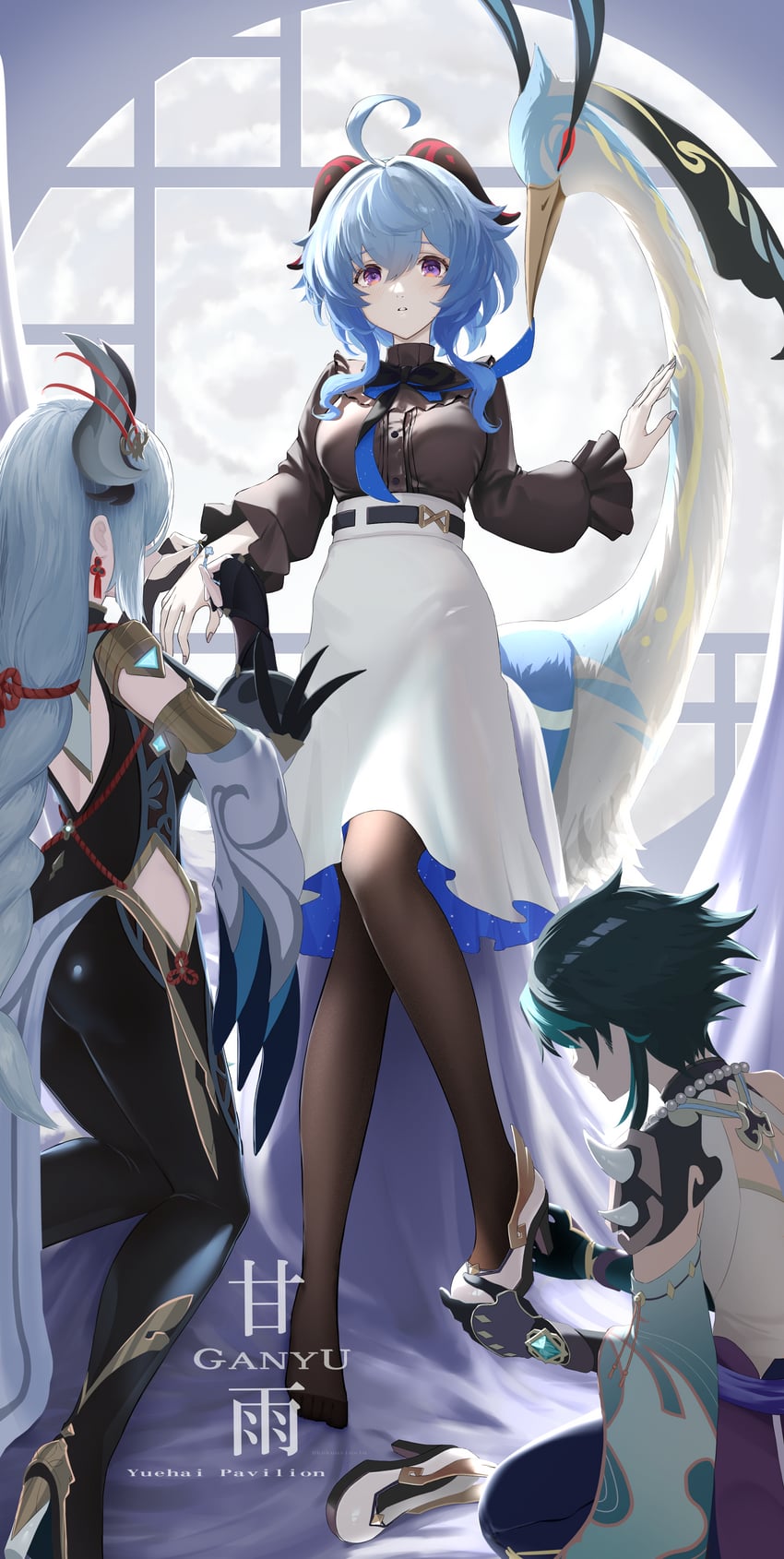 shenhe, xiao, xianyun, cloud retainer, and ganyu (genshin impact) drawn by kokuusinsin