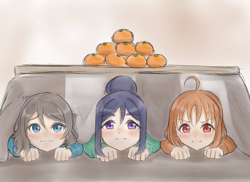 watanabe you, takami chika, and matsuura kanan (love live! and 1 more) drawn by gonnu
