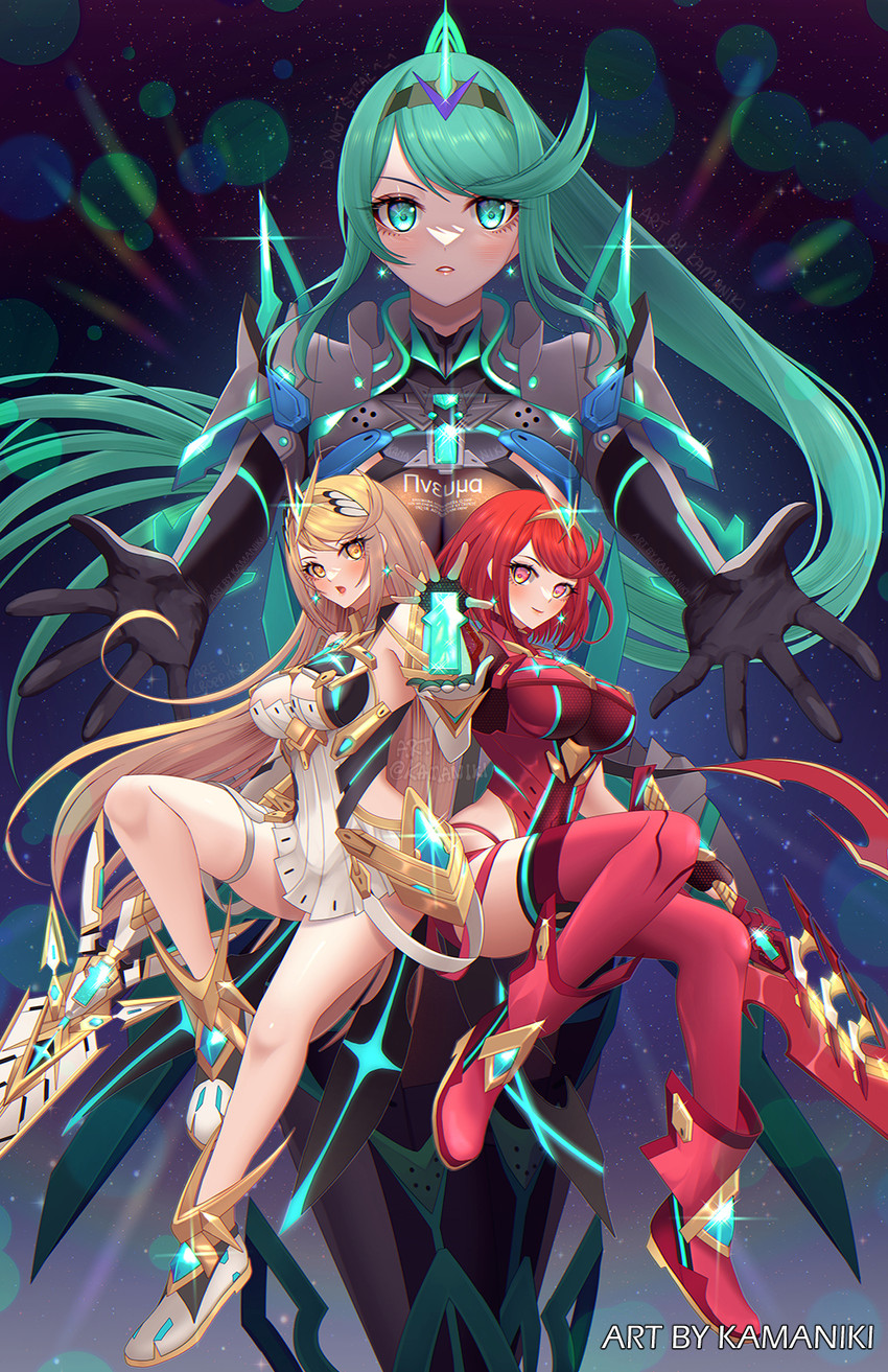 pyra, mythra, and pneuma (xenoblade chronicles and 1 more) drawn by kamaniki