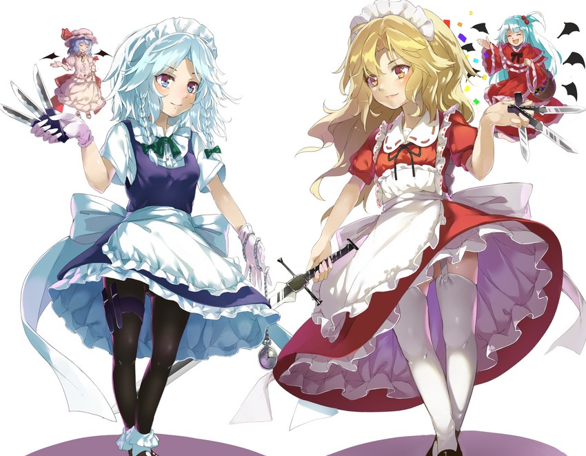 remilia scarlet, izayoi sakuya, shinki, and yumeko (touhou) drawn by piyodesu