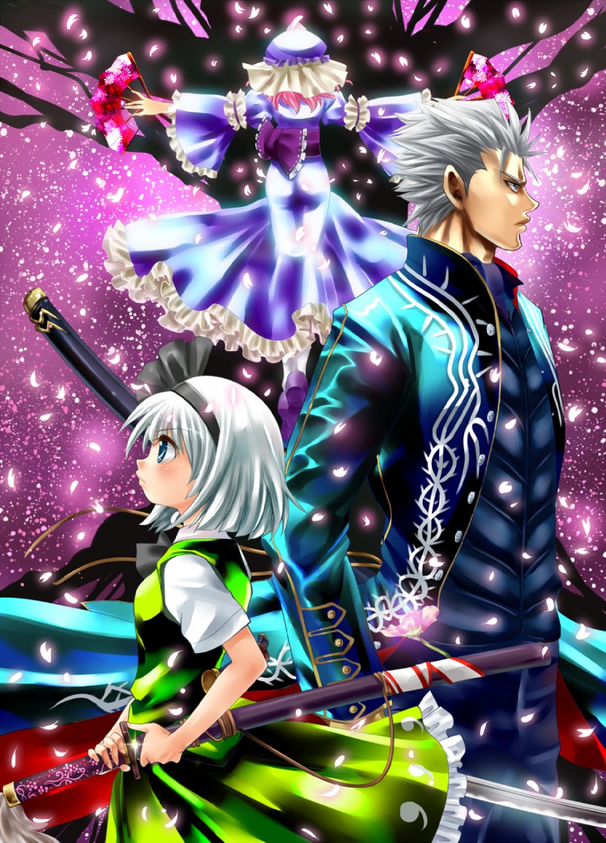 konpaku youmu, saigyouji yuyuko, vergil, and saigyou ayakashi (touhou and 1 more) drawn by nagare