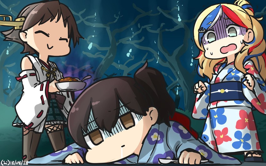 kaga, hiei, and commandant teste (kantai collection) drawn by hamu_koutarou
