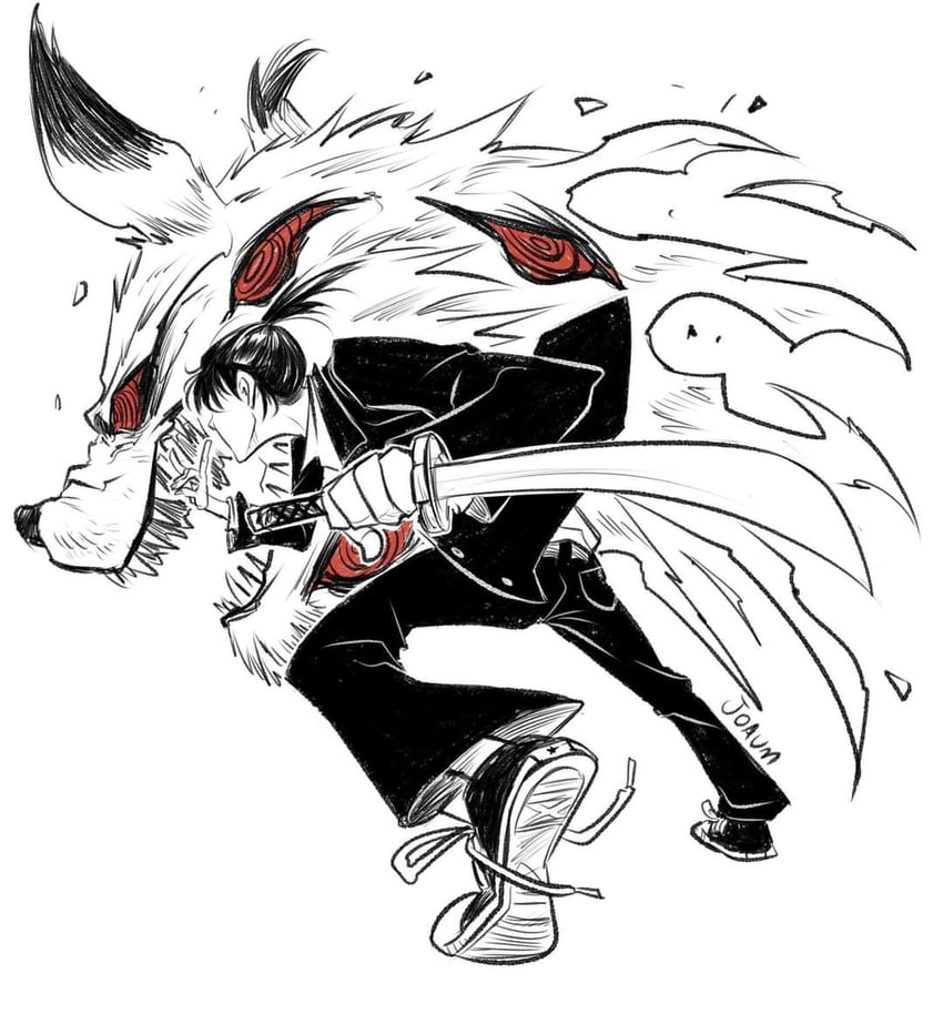 hayakawa aki and fox devil (chainsaw man) drawn by joaumlui