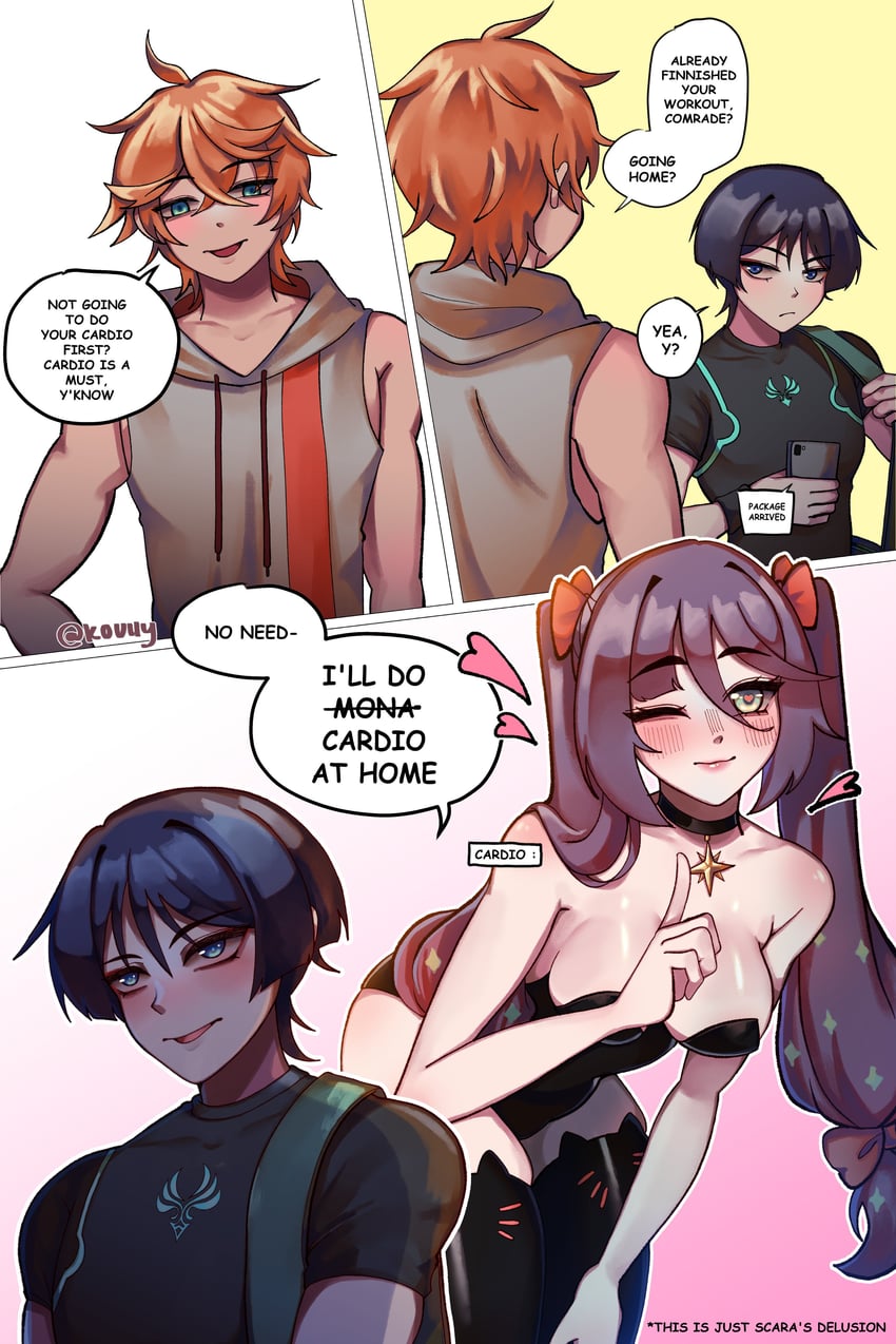 scaramouche, wanderer, mona, and tartaglia (genshin impact) drawn by koviiy