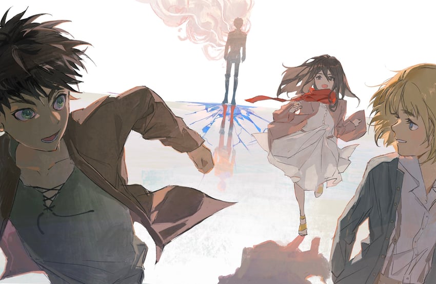 mikasa ackerman, eren yeager, and armin arlert (shingeki no kyojin) drawn by wixcuwi