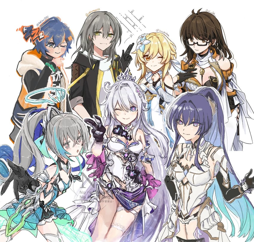 lumine, trailblazer, stelle, kiana kaslana, raiden mei, and 3 more (genshin impact and 5 more) drawn by ioichiha, ishimi831, ohoolthu, and tototon_(yshixnnya123)