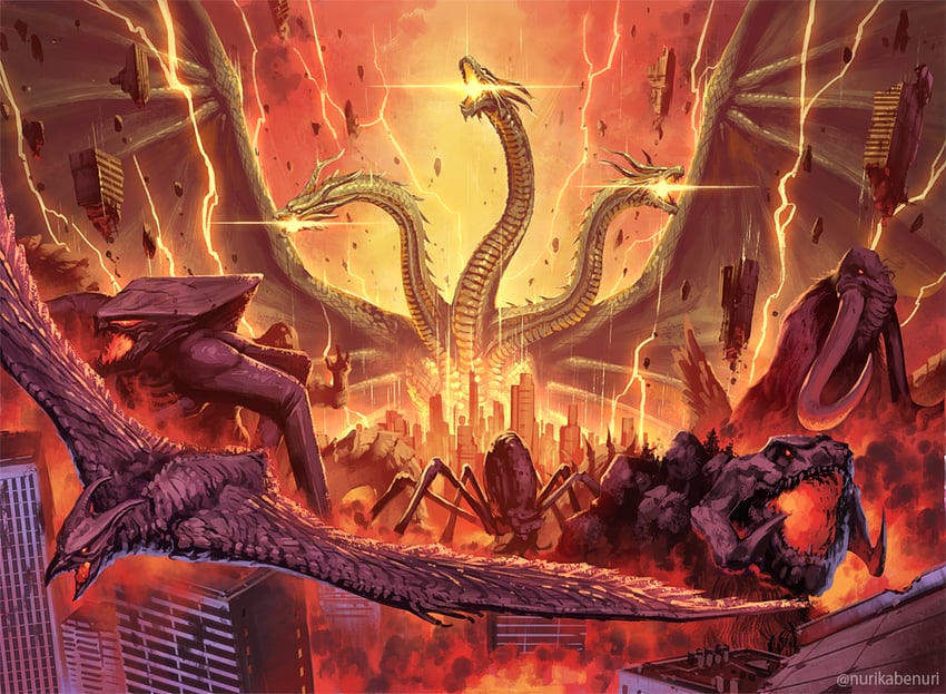 king ghidorah, rodan, muto, scylla, methuselah, and 1 more (godzilla and 2 more) drawn by nurikabe_(mictlan-tecuhtli)
