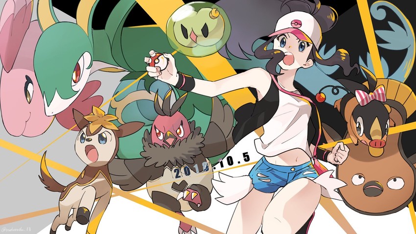 hilda, tepig, serperior, deerling, duosion, and 4 more (pokemon and 1 more) drawn by rozu_ki