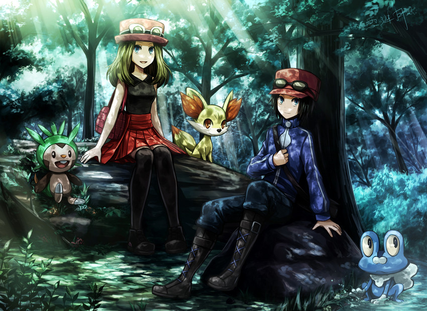 serena, calem, fennekin, chespin, and froakie (pokemon and 1 more) drawn by angel31424